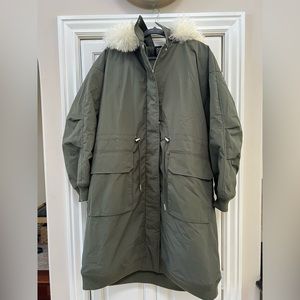 BDG long green jacket with fur hood